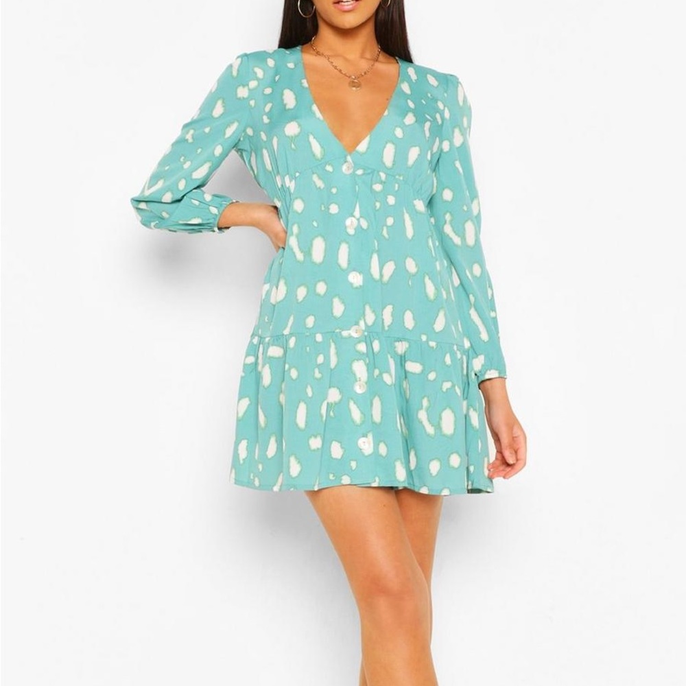 Boohoo Teal Smudge Tiered Long Sleeve Smock Dress